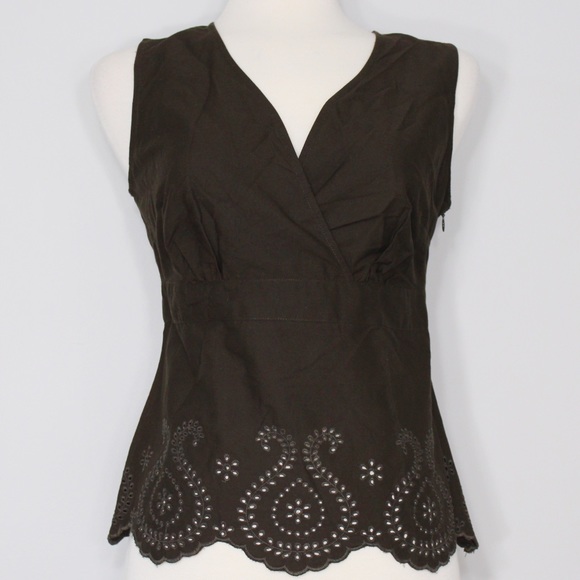 LOFT Dark Brown V neck Blouse Top with Scalloped Hem - Picture 1 of 5